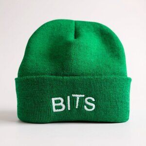 Green Knit Beanie Hat With "BITS" Embroidery